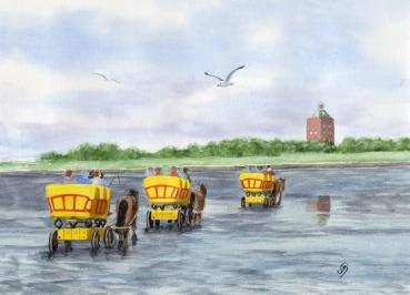 Poster DIN-A4 Aquarell Maritim Kunst Druck Kunstdruck Nordsee Cuxhaven Watt Wattwagen Kutsche Pferdekutsche Insel Neuwerk
